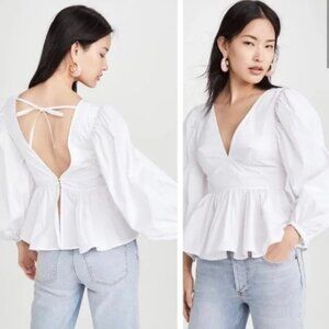 NWT STAUD White Luna Cotton Long Sleeve V-Neck Peplum Top